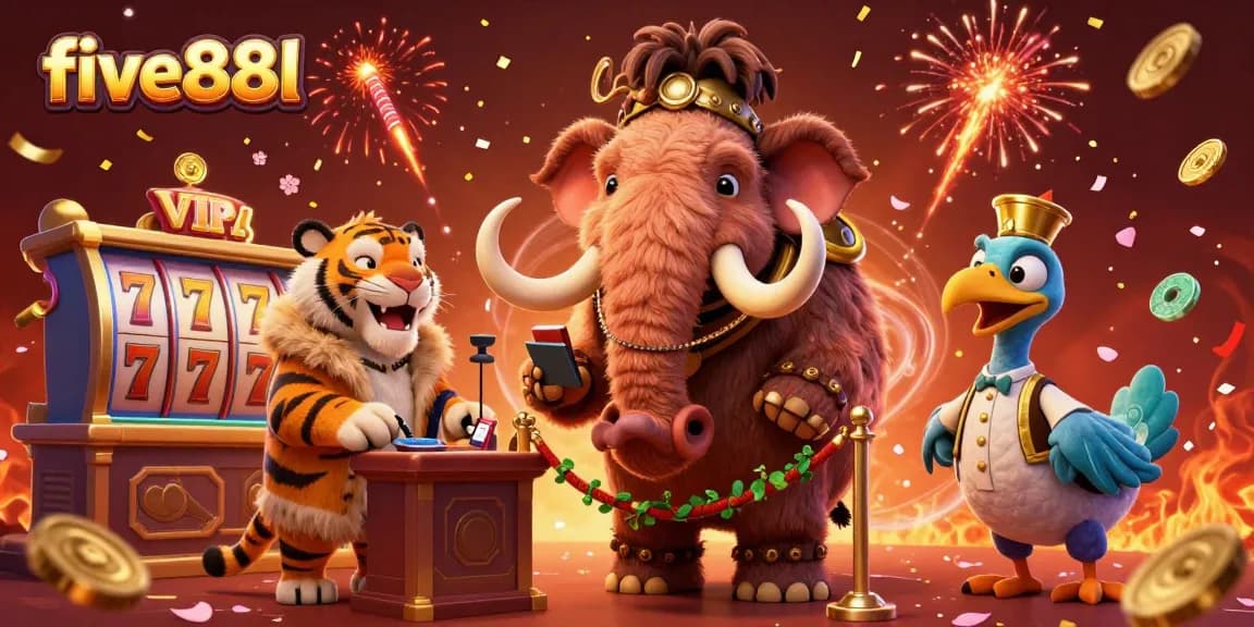 Join the exciting world of five88l with a vibrant casino scene featuring unique characters and festive elements.