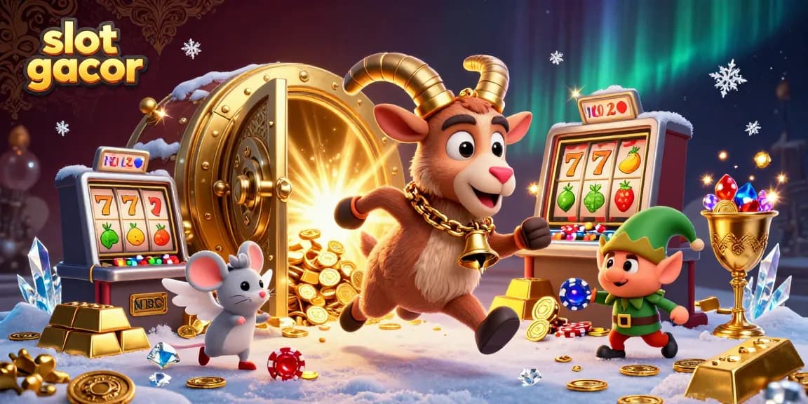 Slot gacor dengan karakter Krampus dan elemen kasino dikelilingi oleh harta berkilau dan permainan seru.