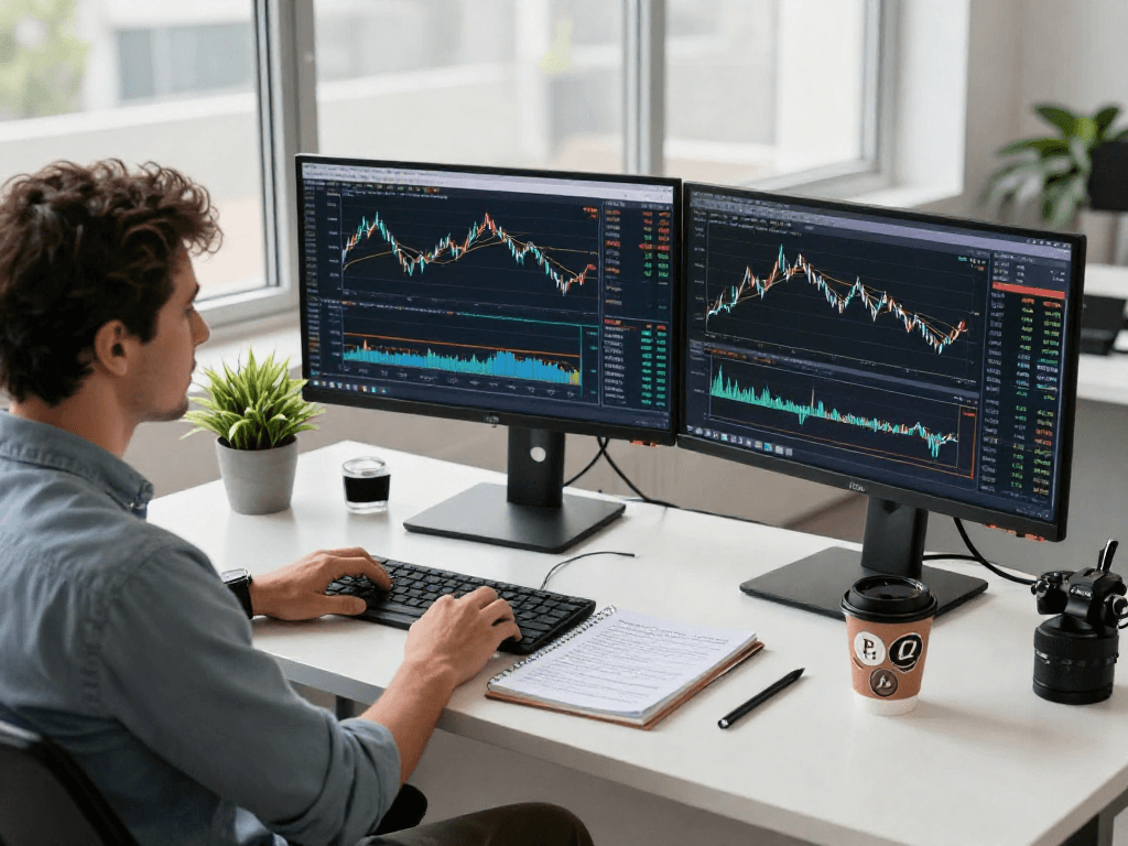 实时行情分析的交易员在桌上使用TradingView，展现股票、外汇和加密货币数据。