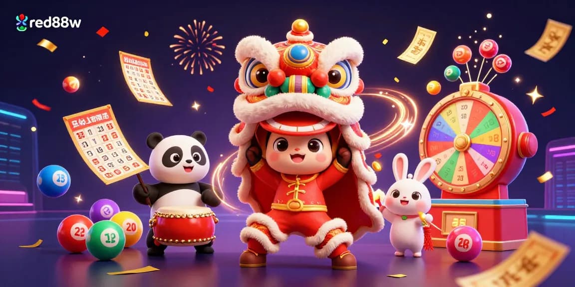 Experience the excitement of red88w with vibrant dynamic lottery scenes and festive characters.