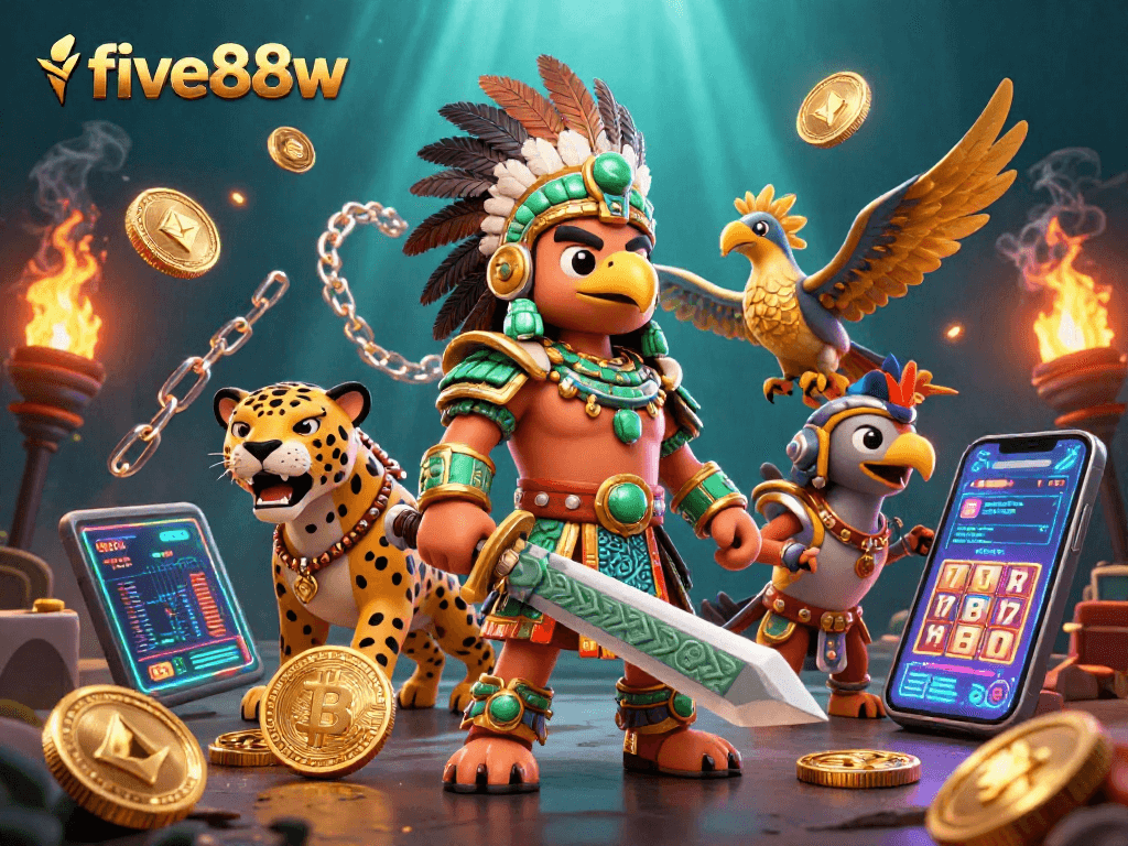 Engage in thrilling gameplay at five88w with an Aztec warrior scene filled with vibrant slots and cryptocurrency elements.