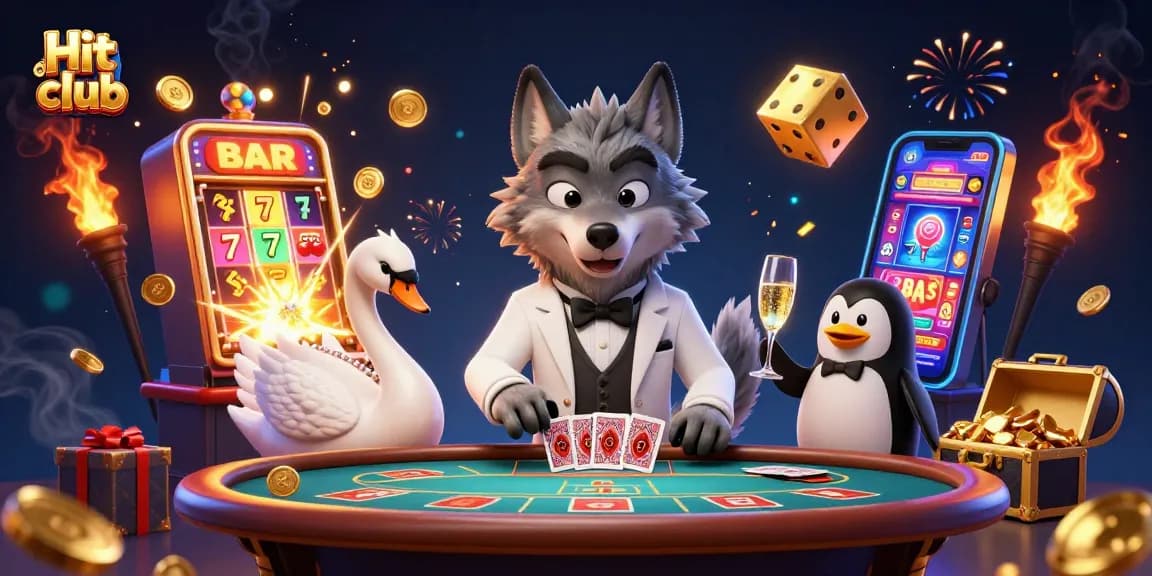 Experience the excitement at Hit club with a party scene of cartoon characters amidst dazzling casino elements.