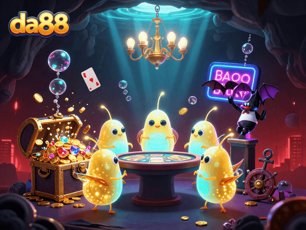 Light up the da88 casino scene with glowworms and a bat dealer amidst vibrant treasures.