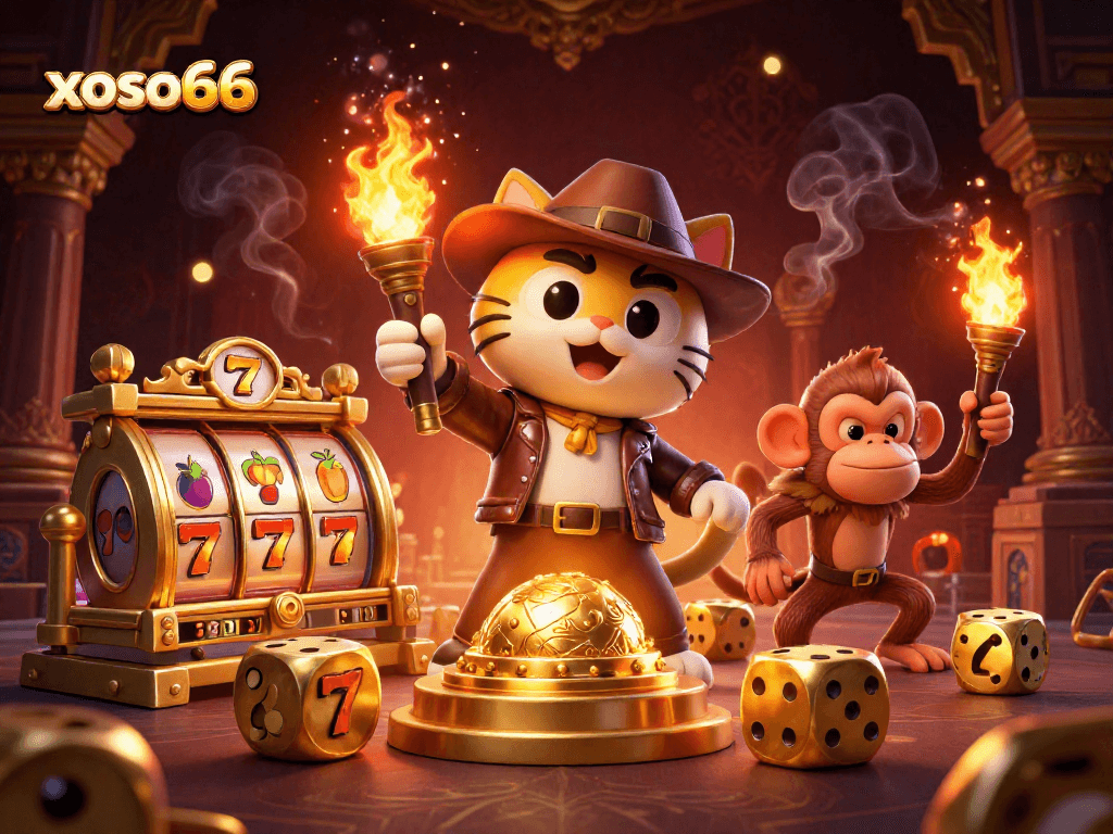 xoso66 brings excitement with a cartoon cat archaeologist uncovering a golden casino artifact in a vibrant scene.