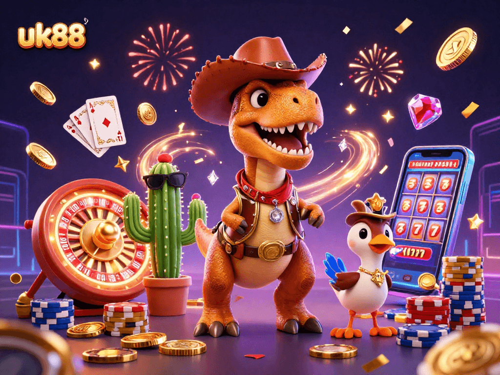 Join uk88 for thrilling casino action with cartoon characters celebrating wins amidst vibrant visuals.