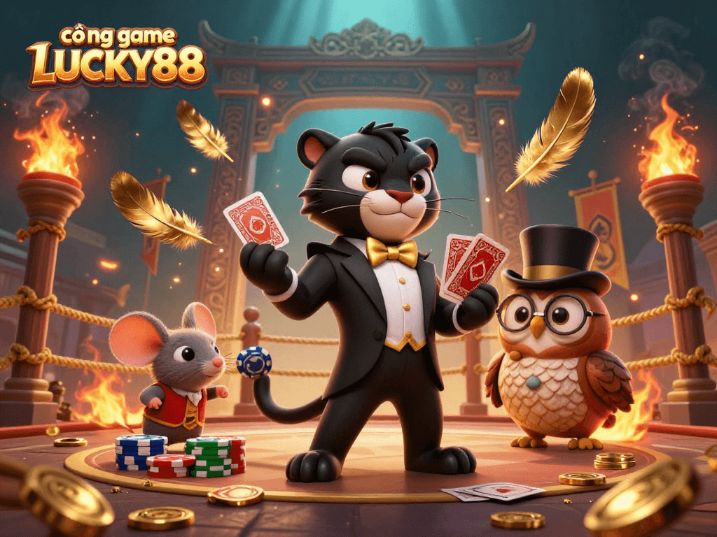Experience thrilling gameplay at cổng game LUCKY88 with engaging characters in a vibrant casino scene.