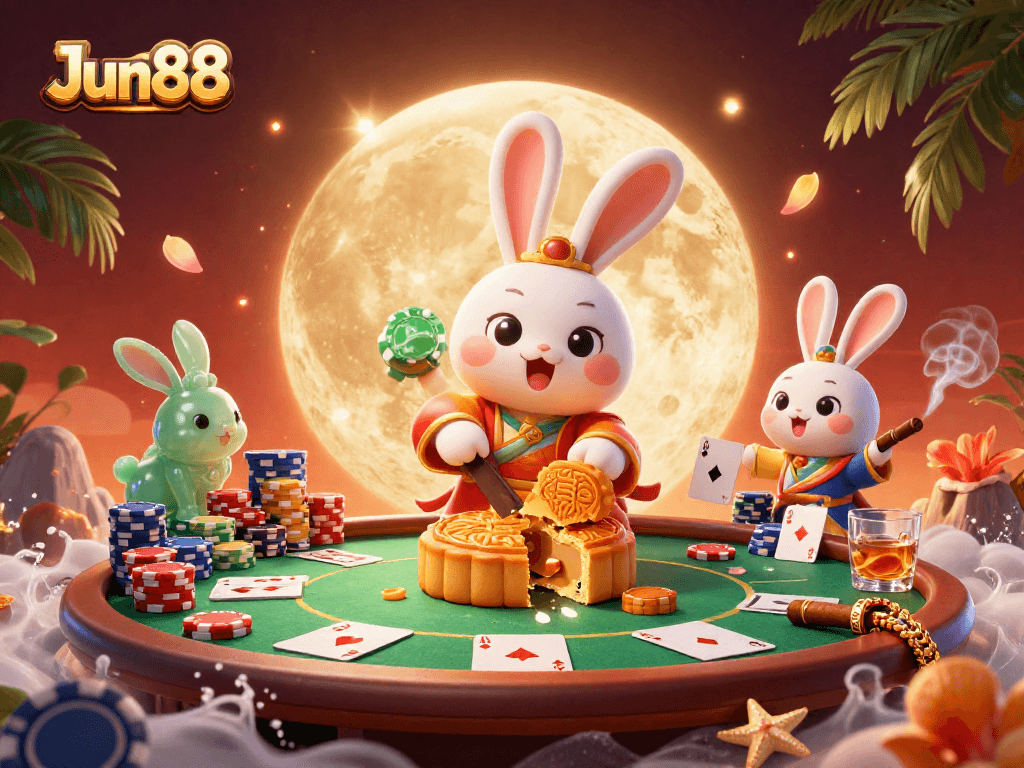 Engage with Jun88's vibrant gaming scene featuring a moon rabbit and poker elements.