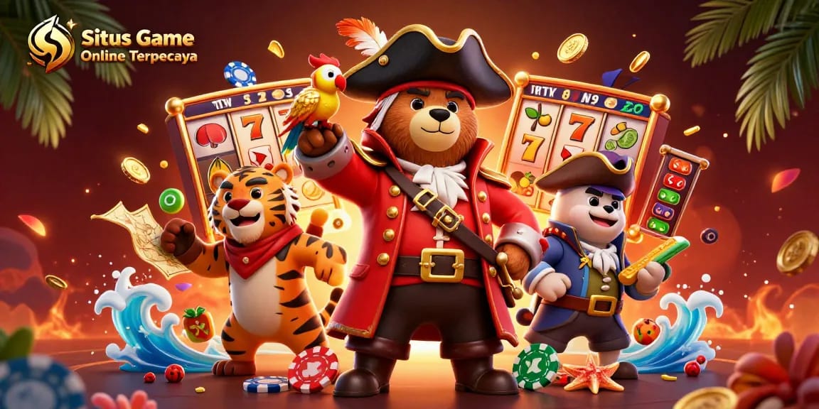Situs Game Online Terpercaya showcases dynamic slot reels, colorful chips, and engaging game elements around a fun pirate bear scene.