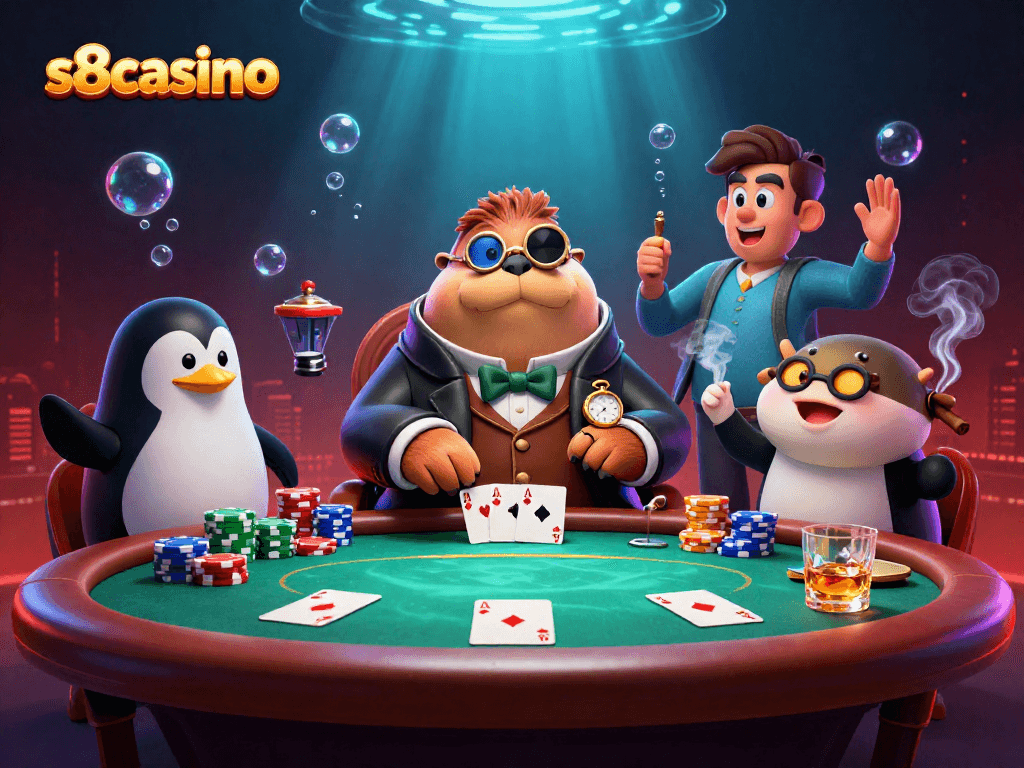 Engage in thrilling underwater poker at s8casino with a jolly walrus and sophisticated dealer.