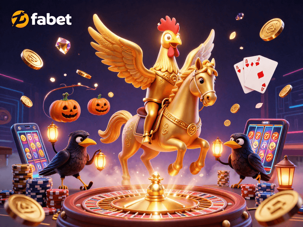 Experience fabet's magical midnight casino with a golden rooster and vibrant gaming elements.