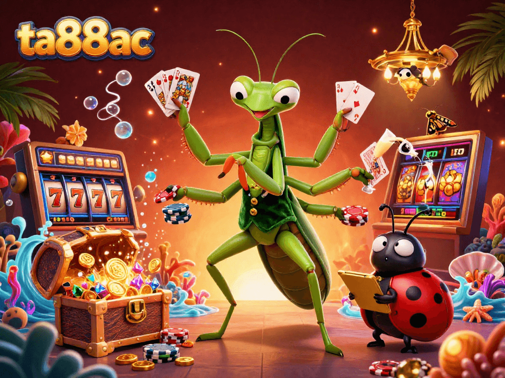 Experience ta88ac's vibrant casino scene with a mantis dealing cards, surrounded by thrilling game elements.