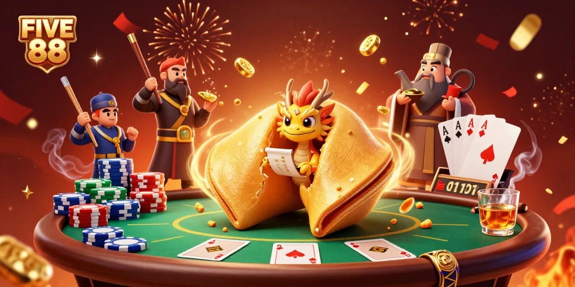Experience the dynamic energy of FIVE 88’s casino world with vibrant card games and golden treasures.