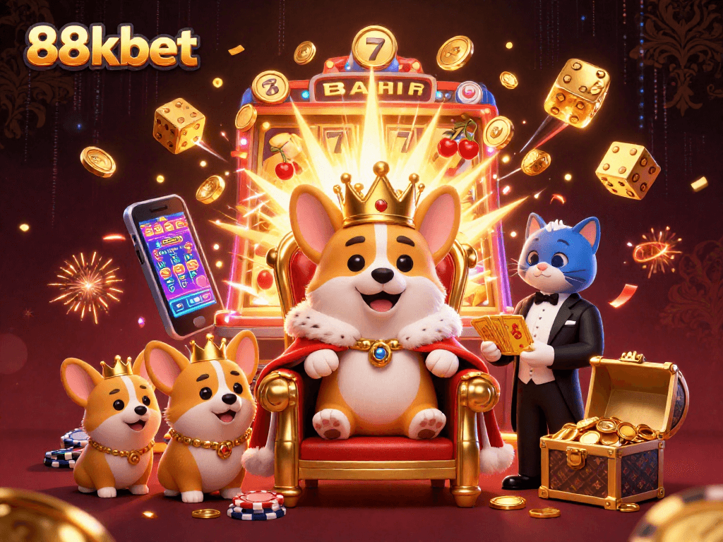 Experience the excitement of 88kbet with royal corgi characters in a vibrant casino setting.