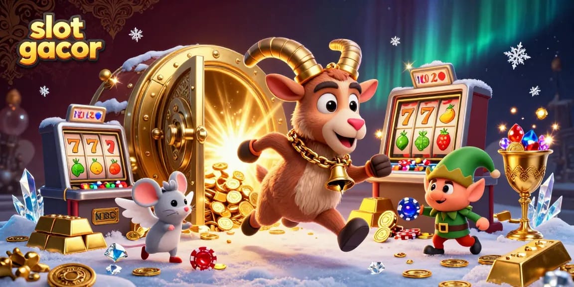 Slot gacor dengan karakter Krampus dan elemen kasino dikelilingi oleh harta berkilau dan permainan seru.