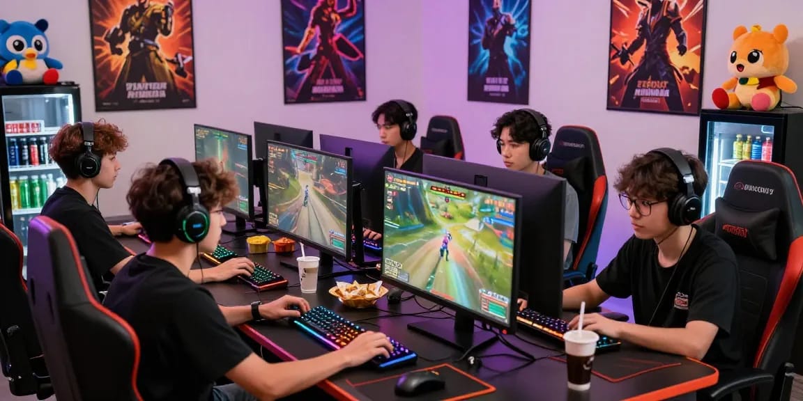 Lucky77 gaming scene with players engaged in multiplayer fun, showcasing vibrant gaming setup and snacks.