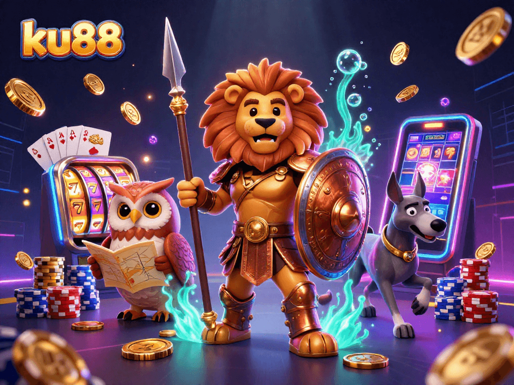 Spin the reels with ku88's ultimate 3D casino adventure featuring royal flush cards and golden coins.
