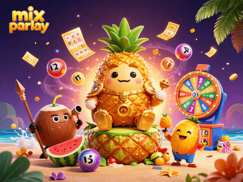 Experience the excitement of mix parlay betting with vibrant characters and dynamic casino elements in this 3D illustration.