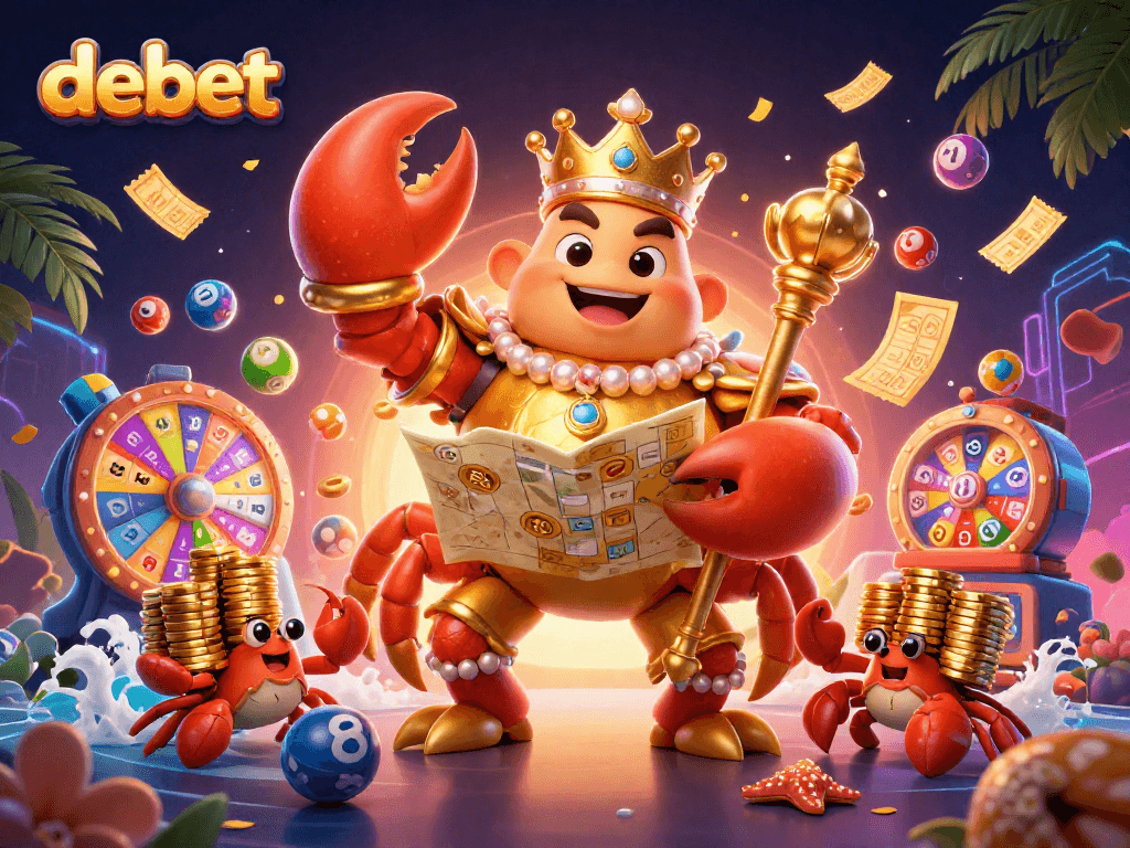 Engage with debet's vibrant casino scene featuring a golden crab emperor amidst dynamic game elements.