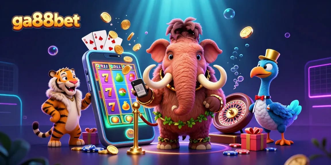 Experience ga88bet’s lively casino scene with a woolly mammoth checking IDs and vibrant gaming elements.