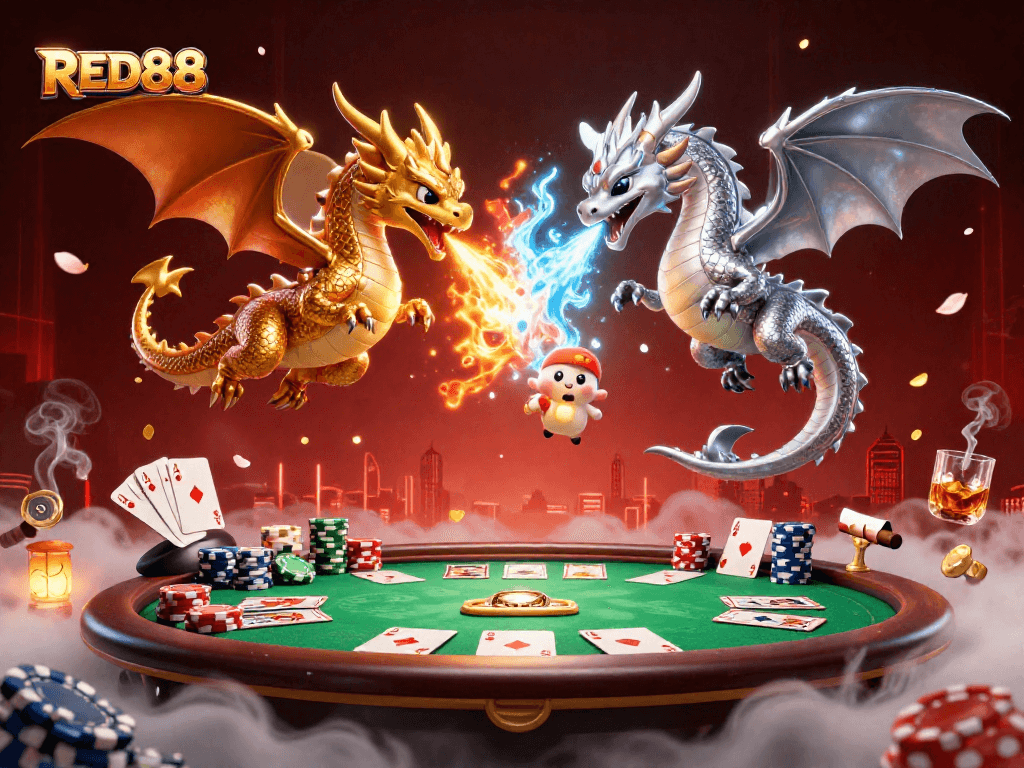 Experience the excitement of RED88 with dynamic dragons and poker elements in this captivating illustration.
