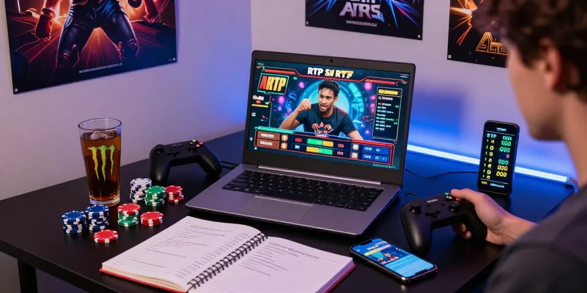 Engaging online gaming setup featuring a focused player enjoying slot games on a laptop, highlighting https://www.benmillerband.com/ for alternative gaming options.