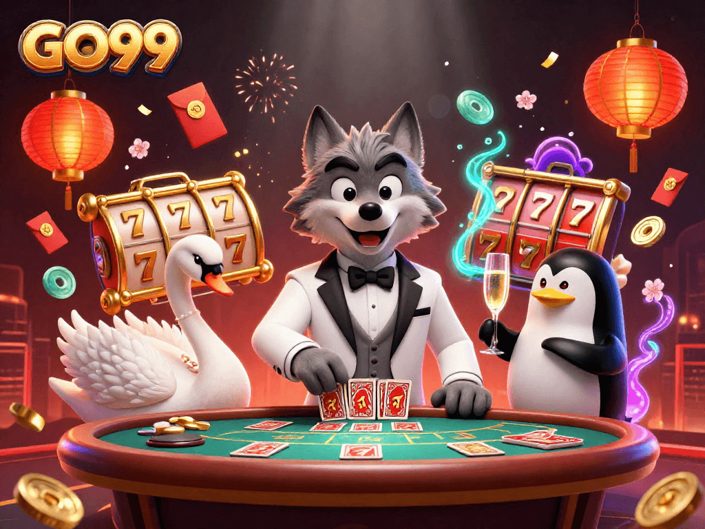 GO99 casino scene with charming wolf, swan, and penguin amidst vibrant slots and festive decorations.
