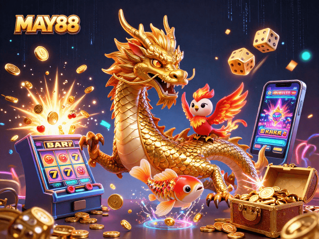 MAY88 brings excitement as the golden dragon, phoenix, and koi fish triumph over slot machine and jackpot symbols in this vibrant scene.