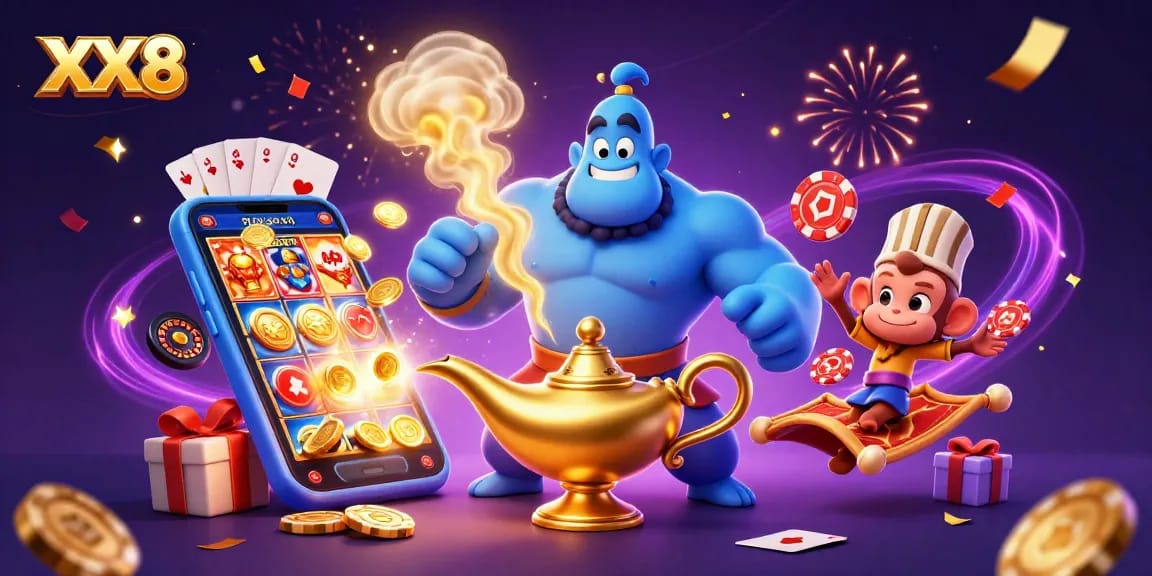 XX8 players enjoy vibrant 3D casino scene with a genie, monkey, and magical elements