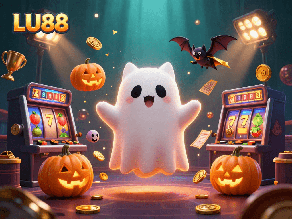 Experience the thrilling world of LU88 with a ghost cat and vampire bat in a haunted casino scene.