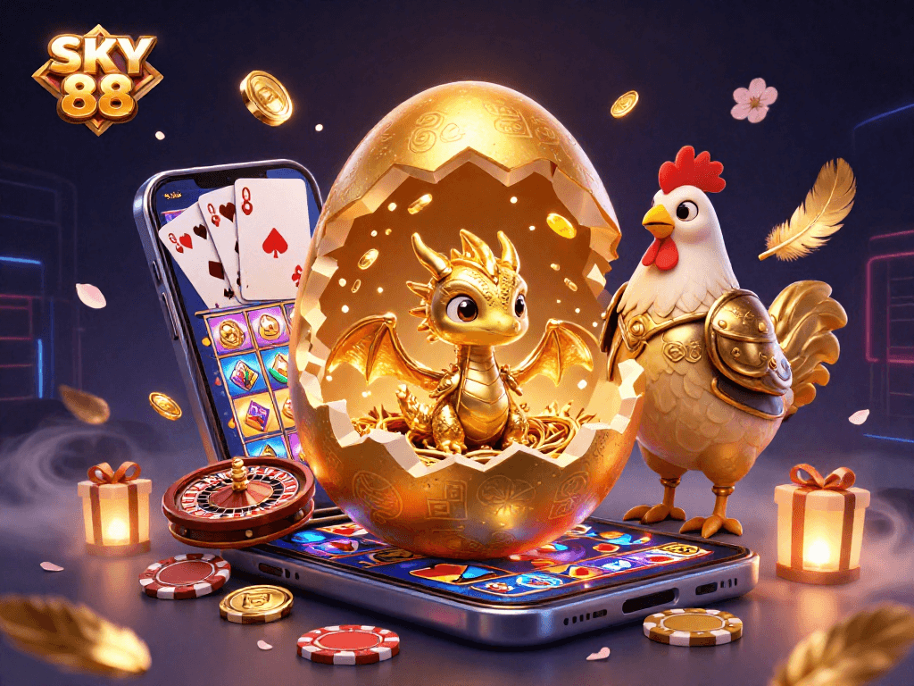 Engage with SKY 88's vibrant gaming action featuring a golden dragon amidst casino treasures.