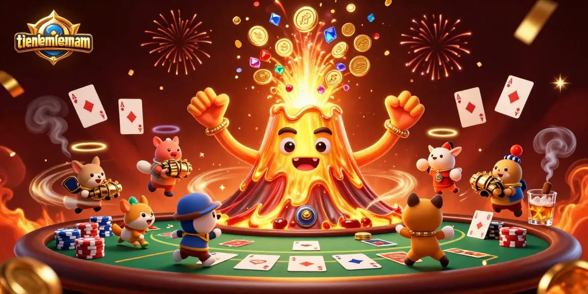 Experience thrilling moments with tienlenmiennam while a golden volcano erupts treasures amidst a poker game.