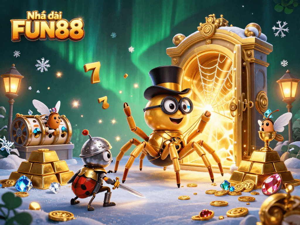 Engage with Nhà cái FUN88’s vibrant casino scene featuring golden riches and cartoon characters.
