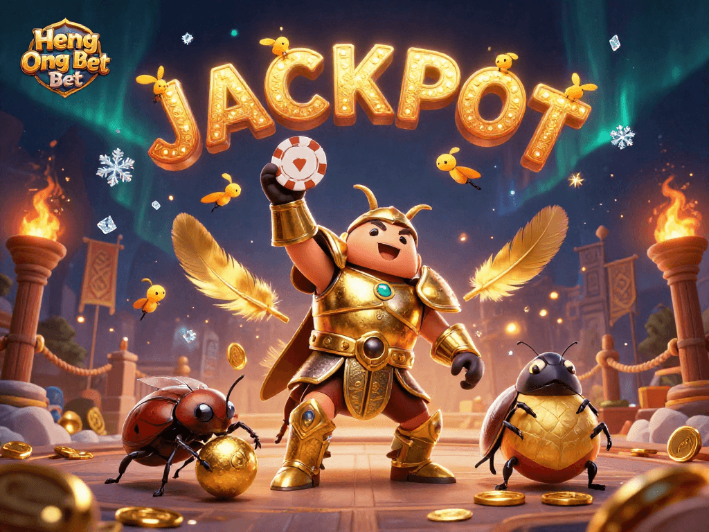 Experience thrilling wins at Heng Ong Bet, depicted through a victorious beetle in a vibrant casino scene.