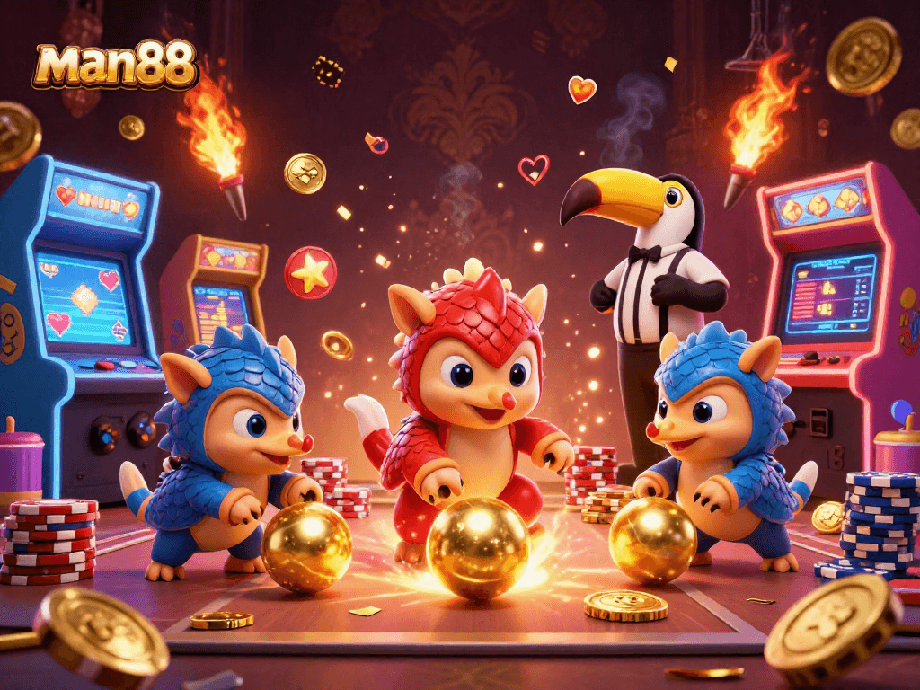 Experience thrilling games at man88 with pangolins rolling through poker chips in a vibrant casino scene.
