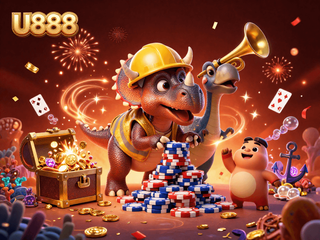 Experience U888 excitement with a vibrant 3D cartoon casino scene full of fun elements.