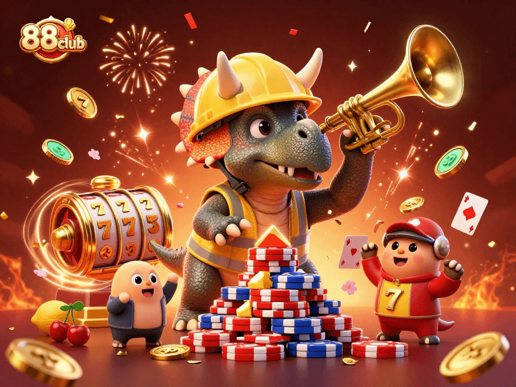 Engage in thrilling gaming at 88club with triceratops celebrating wins amid festive casino elements.