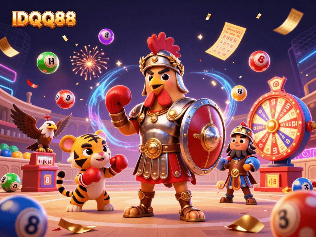 Experience IDQQ88’s thrilling casino action with gladiator rooster and tiger cub in vibrant 3D showdown.
