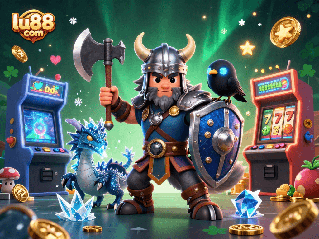 Experience thrilling games at lu88 com with Viking warriors and fantastical creatures amidst vibrant slot reels.