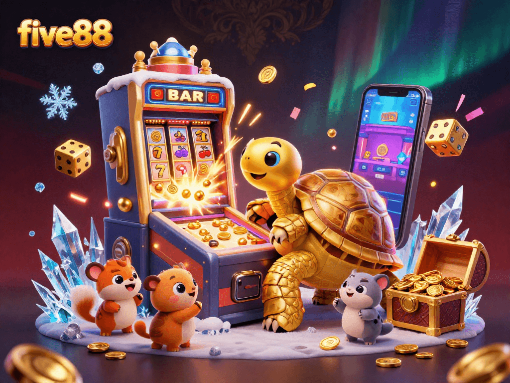 Experience the thrill of five88 with a vibrant casino scene featuring a gigantic golden tortoise and dynamic jackpot elements.