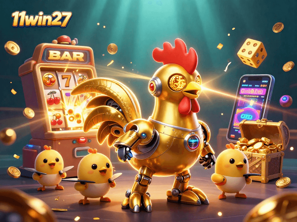 Engage with exciting games at 11win27 as the golden rooster robot and drone chicks bring the casino atmosphere alive.
