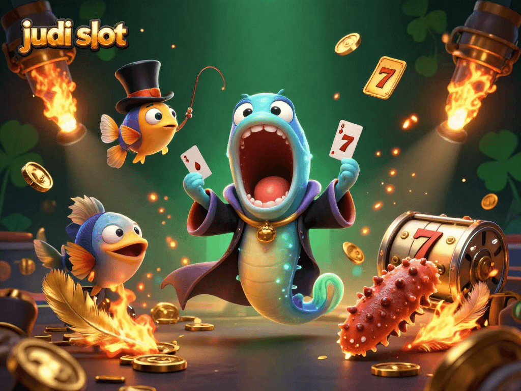 Permainan judi slot yang menarik dengan jackpot dan simbol keberuntungan terletak di tengah ilustrasi 3D ini.