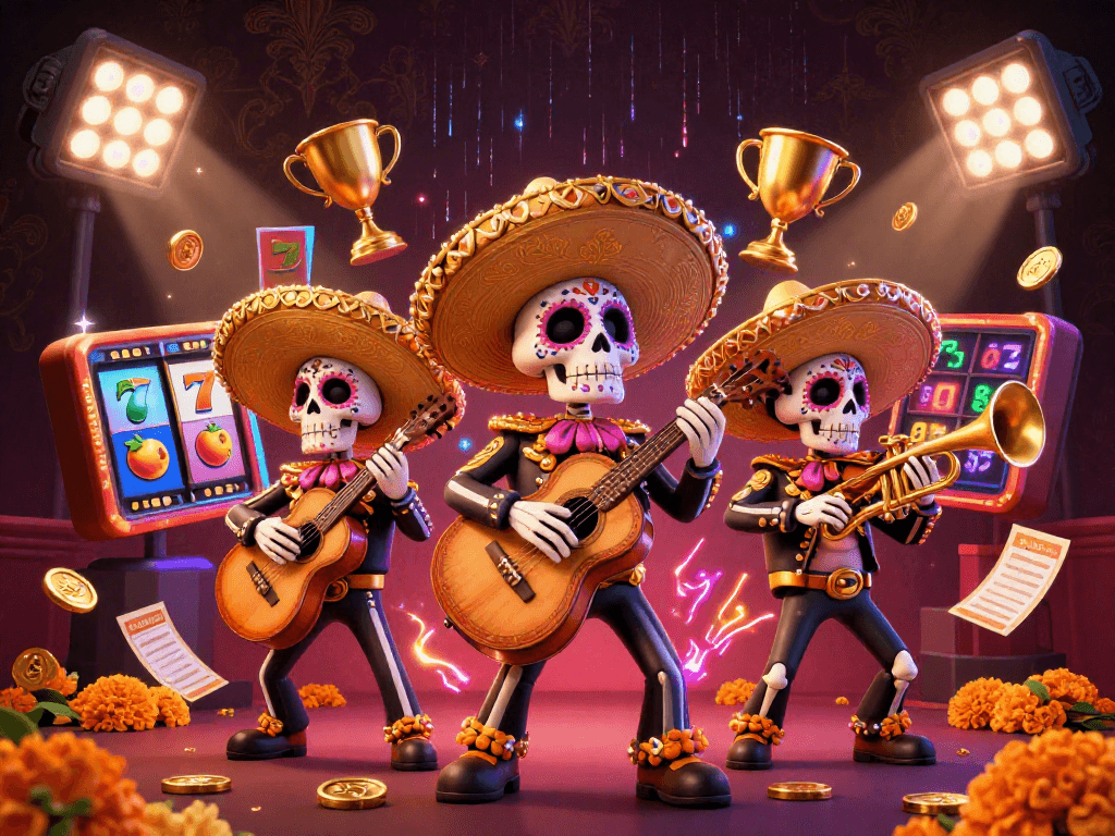 Slot bet dengan skeleton mariachi, simbol jackpot, dan elemen kasino yang menakjubkan.