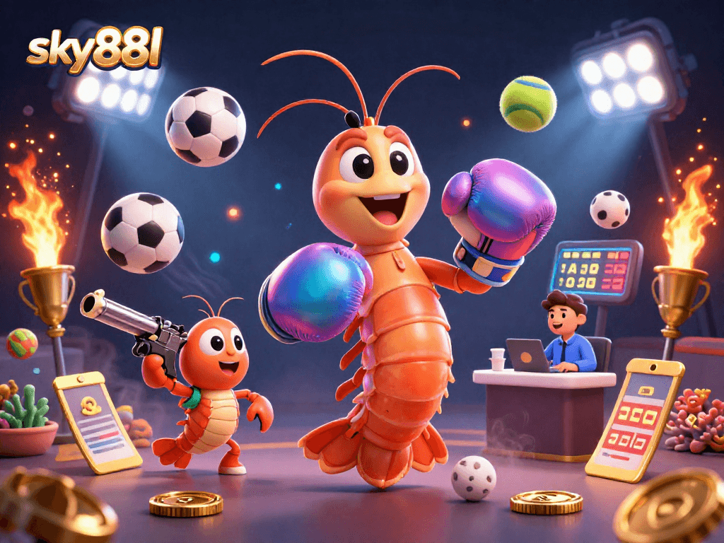 Engage in thrilling betting adventures with sky88l's dynamic casino scene featuring energetic characters.