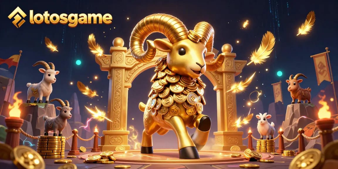 Join the action at lotosgame with vibrant casino elements featuring golden ram charging past a spectacular gate.