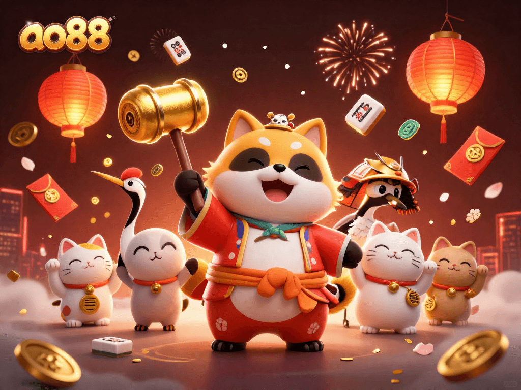 Spin the reels and win at ao88 with vibrant cartoon characters celebrating luck and fortune.