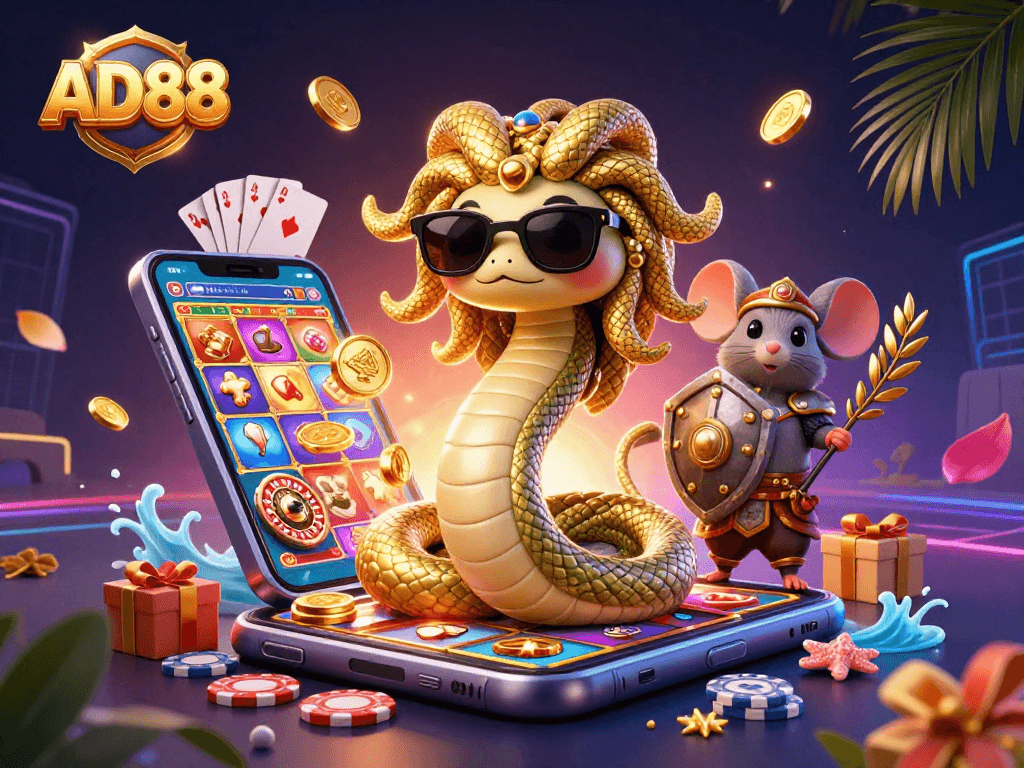 Experience the thrill of gaming at AD88 with Medusa and a warrior mouse in a dynamic, colorful casino scene.