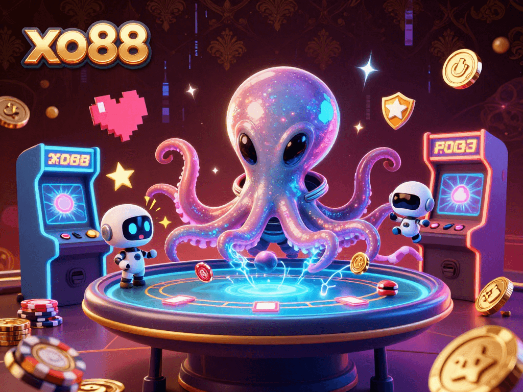 Engage in exciting games of poker at xo88 with an alien octopus and robot surrounded by colorful arcade elements.