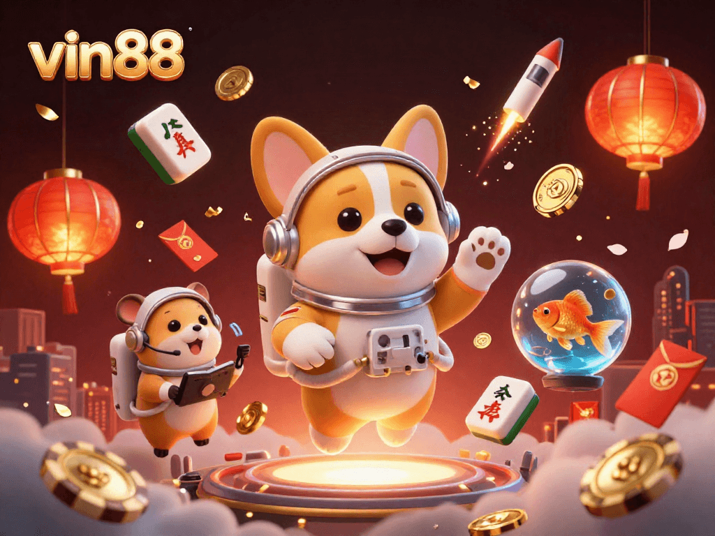 Experience the thrill of vin88 casino with vibrant games in a dynamic 3D illustration.