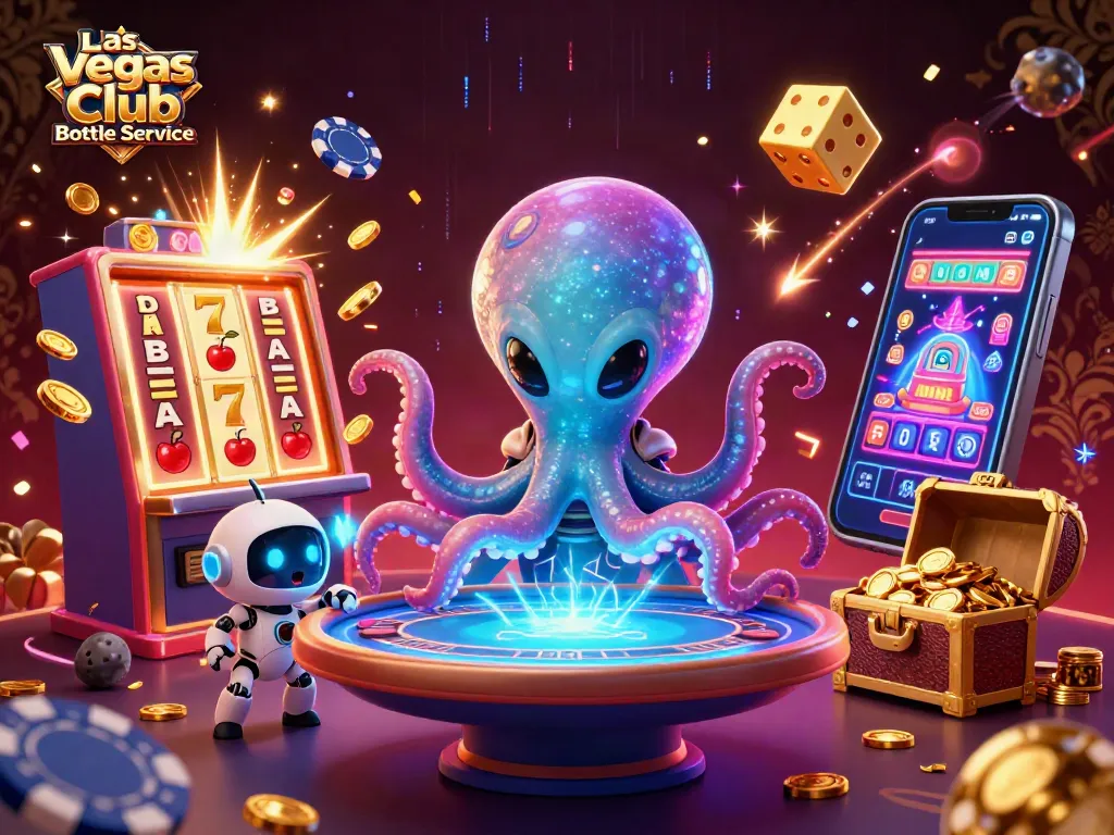Experience Las Vegas Club Bottle Service with exciting animated alien octopus at a vibrant casino scene.