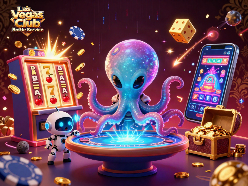 Experience Las Vegas Club Bottle Service with exciting animated alien octopus at a vibrant casino scene.